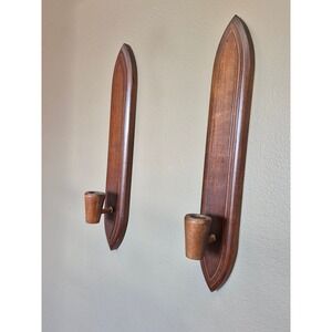 Vintage MCM Minimalist Wood Wall Candle Holders Danish Modern Teak Style Sconce
